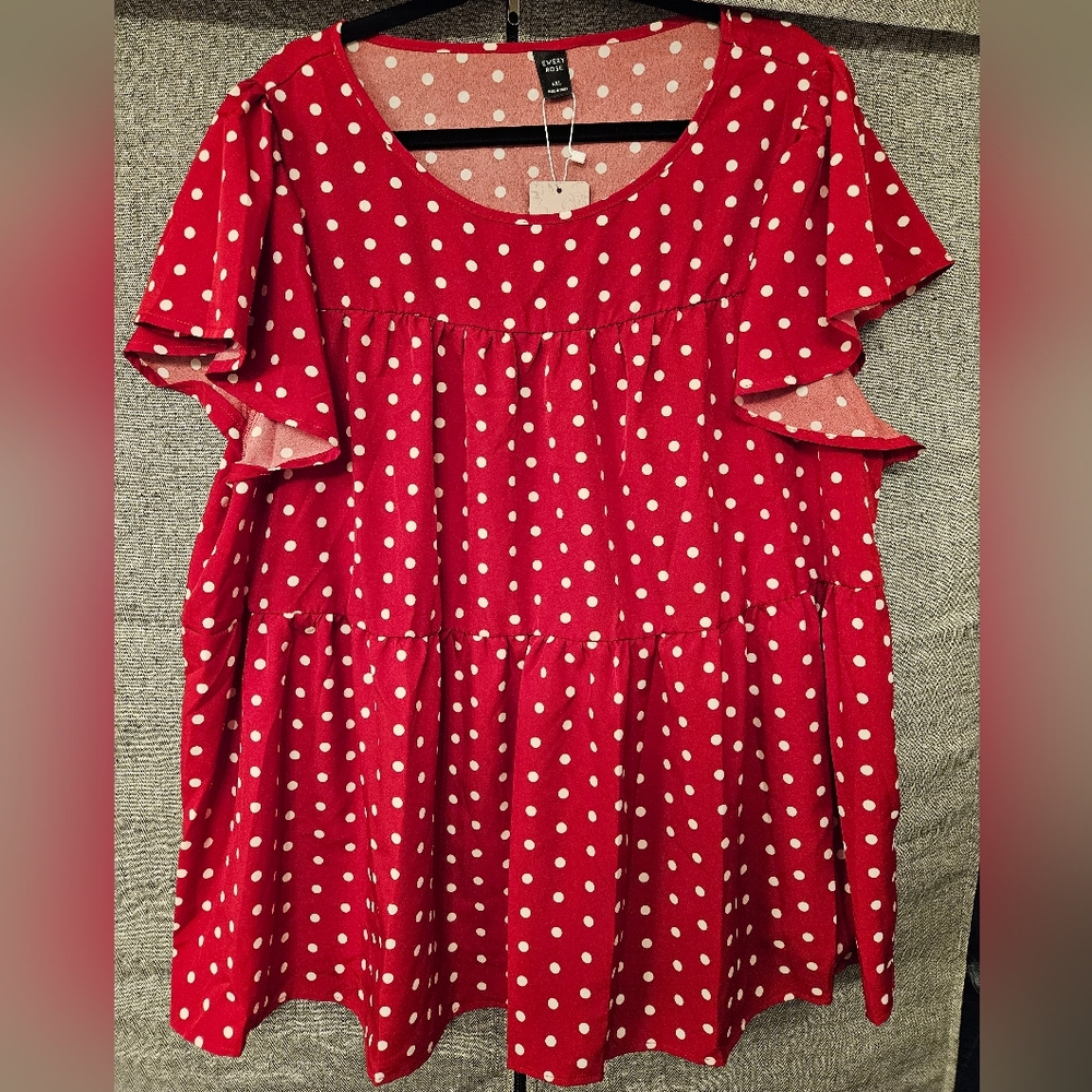 EMERY ROSE Plus Size Women'S Red & White Polka Dot Ruffle Sleeve Shirt